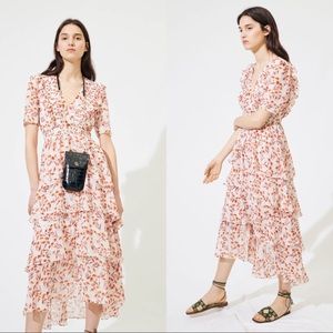 Maje Terracotta  PRINTED MAXI DRESS WITH RUFFLES